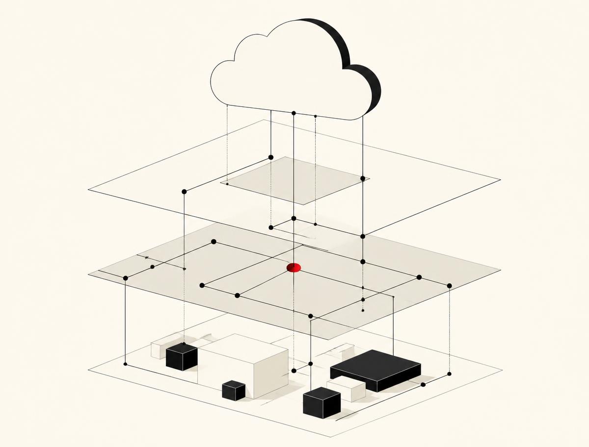 Layered diagram of cloud infrastructure showing services, network paths and underlying compute resources
