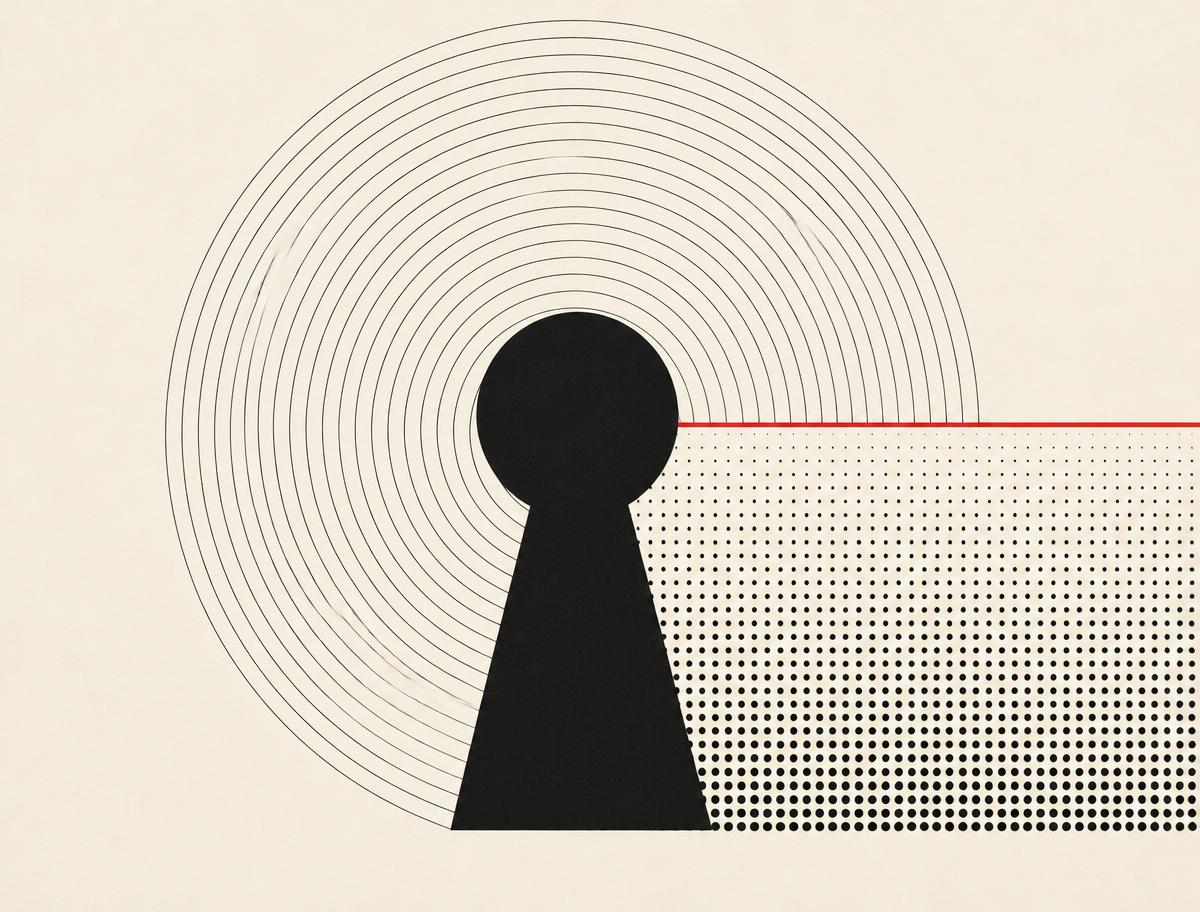 Abstract cybersecurity graphic with concentric access rings surrounding a solid keyhole form